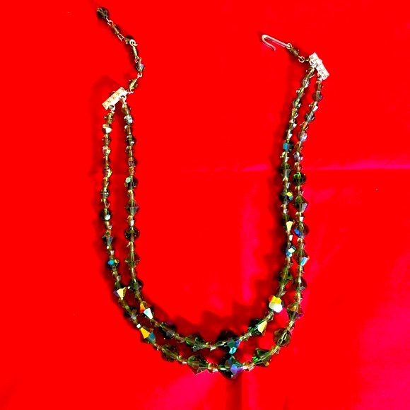 VTG Aurora Borealis Graduated Crystal Double Strand Necklace Green - Picture 7 of 11